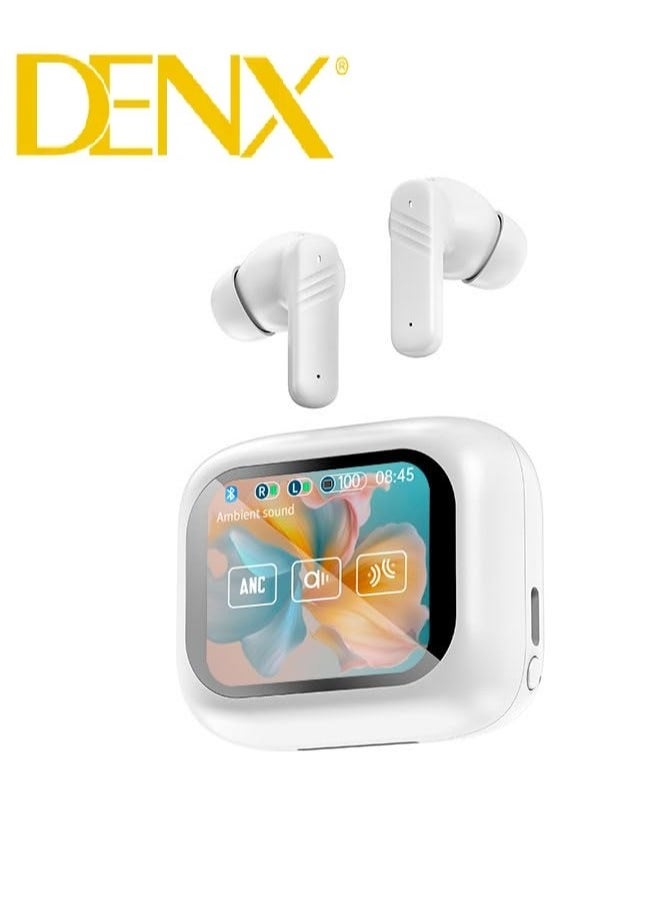 Denx Smart Bluetooth Earphone with Touch Screen ANC/ENC with 320mAh Battery Waterproof Wireless Bluetooth Earbuds with Noise Cancelling and Professional LCD Display for iPhone and Android in White  - Image 1