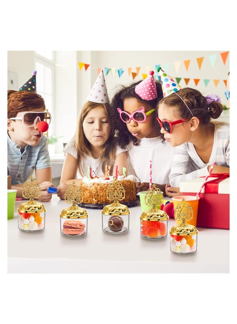 Zikra Mini Plastic Candy Cupcake Containers, 12 Pcs Clear Favor Boxes with Gold Dome Lids, Round Cake Stand Dessert Display Plate for Birthday Wedding Holiday Party Supplies - Image 2