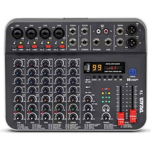 TKLBLS Audio Mixer, TKLBLS Studio Audio Sound Mixer Board, 6 Channel Unpowered Recording Mixers w/USB Audio Interface, DJ Mixer with 48V Phantom Power for KTV, Live Shows, Streaming, Conferences - Image 1