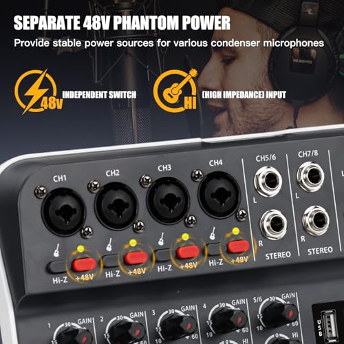 TKLBLS Audio Mixer, TKLBLS Studio Audio Sound Mixer Board, 6 Channel Unpowered Recording Mixers w/USB Audio Interface, DJ Mixer with 48V Phantom Power for KTV, Live Shows, Streaming, Conferences - Image 3