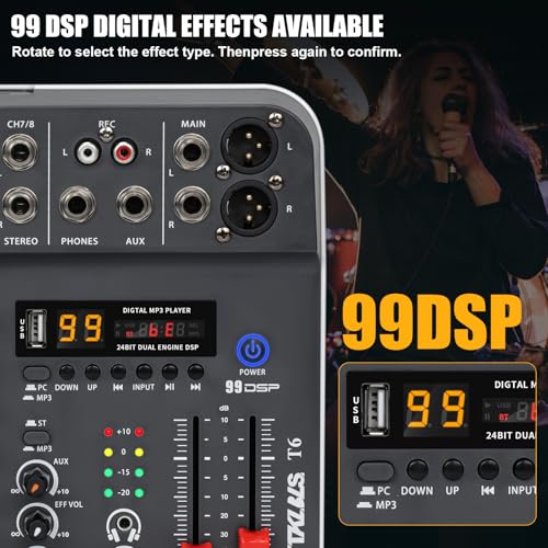 TKLBLS Audio Mixer, TKLBLS Studio Audio Sound Mixer Board, 6 Channel Unpowered Recording Mixers w/USB Audio Interface, DJ Mixer with 48V Phantom Power for KTV, Live Shows, Streaming, Conferences - Image 4