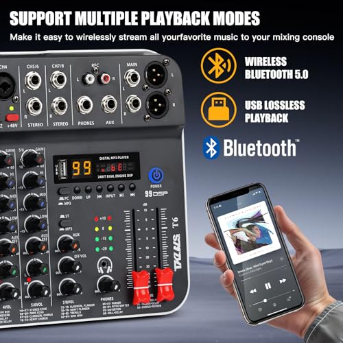 TKLBLS Audio Mixer, TKLBLS Studio Audio Sound Mixer Board, 6 Channel Unpowered Recording Mixers w/USB Audio Interface, DJ Mixer with 48V Phantom Power for KTV, Live Shows, Streaming, Conferences - Image 2