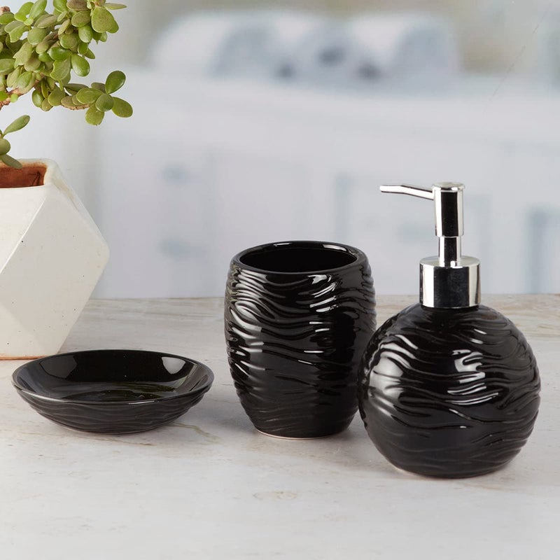 Kookee Ceramic Bathroom Set Stylish 3 Piece Bath Accessories Kit with Liquid Handwash Soap Dispenser Toothbrush Holder Soap Dish Modern Designer Decor for Home Guest BathroomsBlack 9614 - Image 2