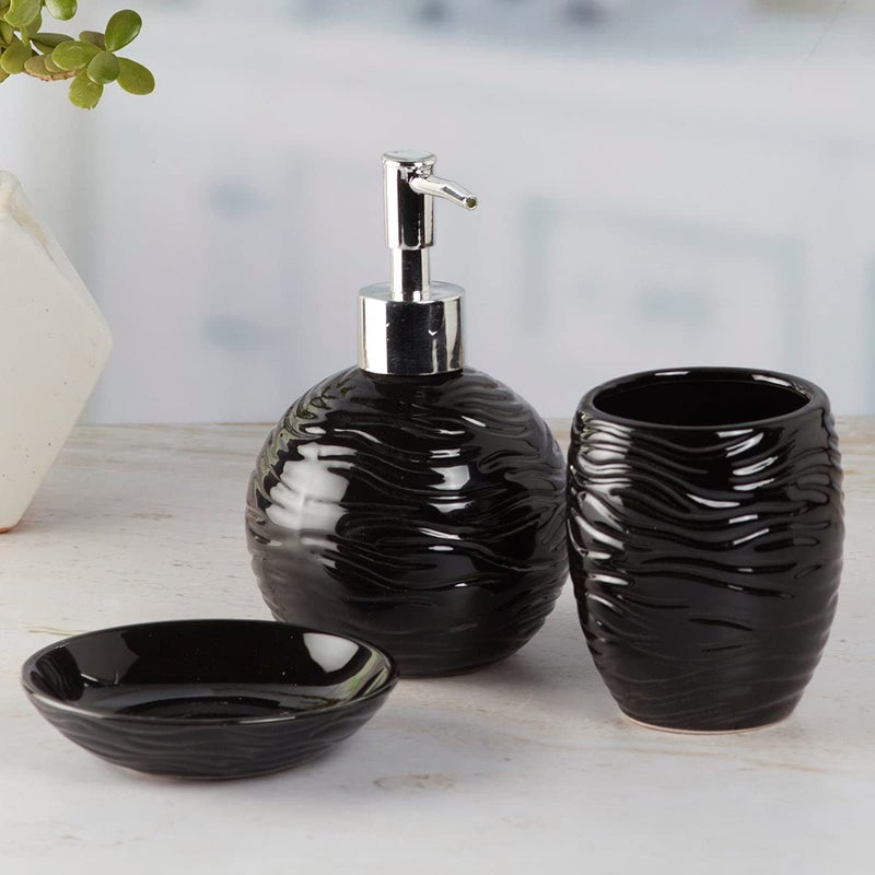 Kookee Ceramic Bathroom Set Stylish 3 Piece Bath Accessories Kit with Liquid Handwash Soap Dispenser Toothbrush Holder Soap Dish Modern Designer Decor for Home Guest BathroomsBlack 9614 - Image 1
