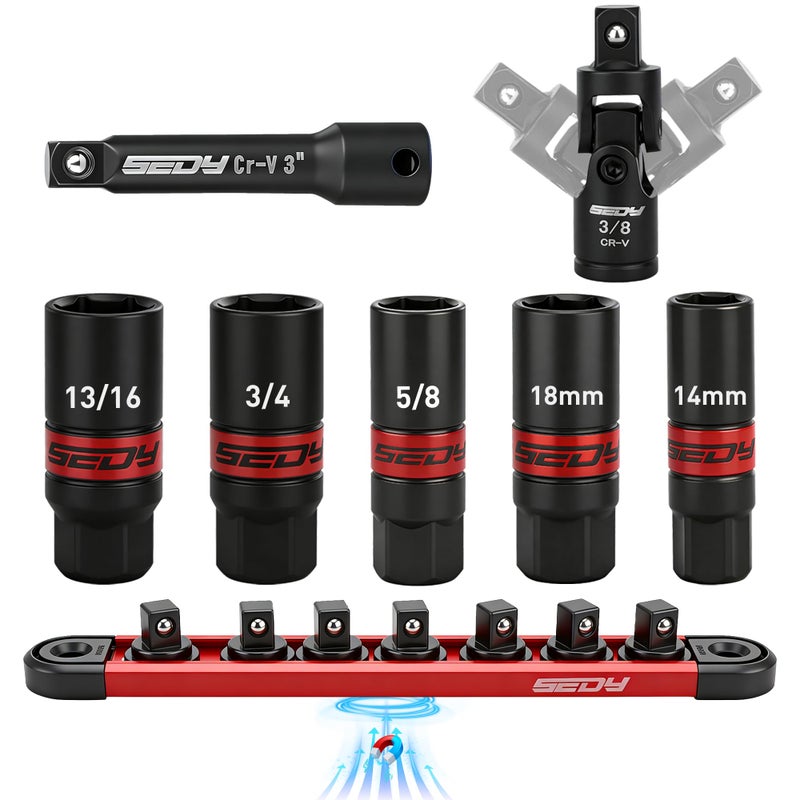 SEDY 8-Piece 3/8''-Drive Spark Plug Socket Set, Impact Spark Plug Socket Set with Magnetic Rail, SAE & Metric, 5/8-inch, 3/4-inch, 13/16-inch, 14mm, 18mm, Extension Bars, Universal Joint - Image 1