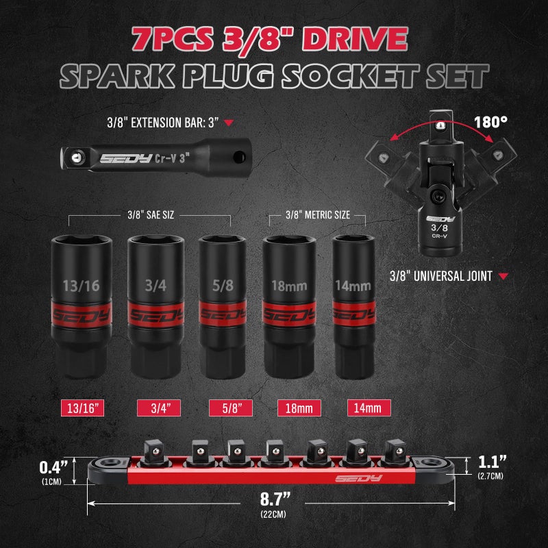 SEDY 8-Piece 3/8''-Drive Spark Plug Socket Set, Impact Spark Plug Socket Set with Magnetic Rail, SAE & Metric, 5/8-inch, 3/4-inch, 13/16-inch, 14mm, 18mm, Extension Bars, Universal Joint - Image 2