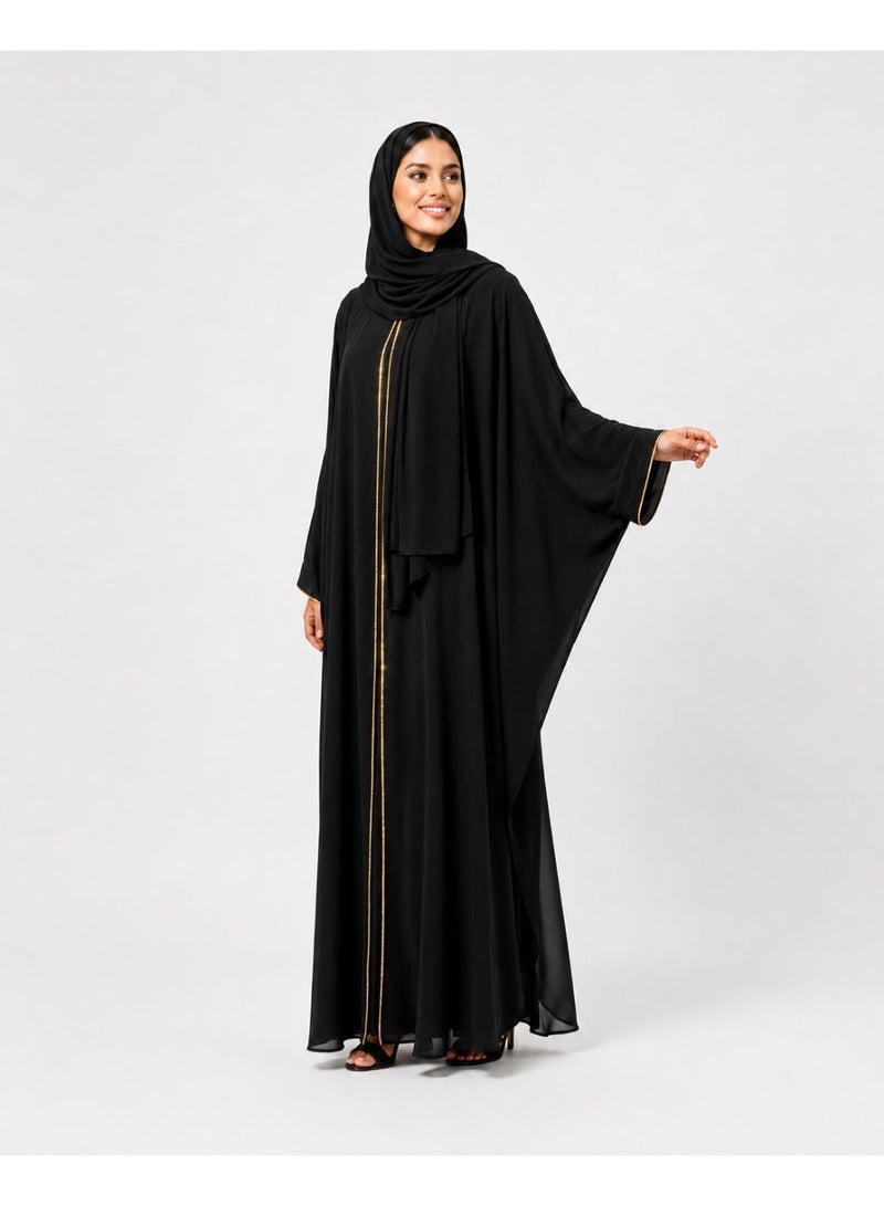 قفطان عباية نسائي أسود فاخر مزين بالستراس الذهبي مع طرحة متناسقة - Image 3