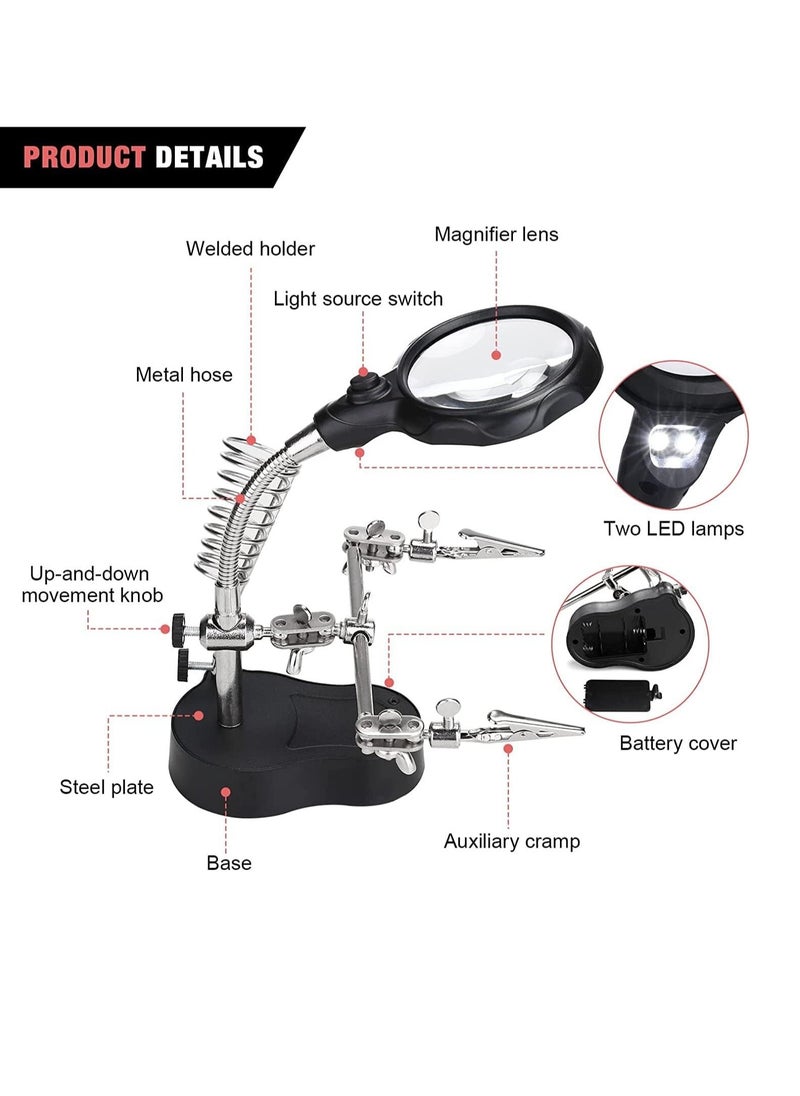Soldering Magnifying Glass with LED Lamp Helping Hands Magnifier Holding Devices Clamp and Alligator Clips, Assembly, Repair, Modeling, Crafts 3.5X 12X