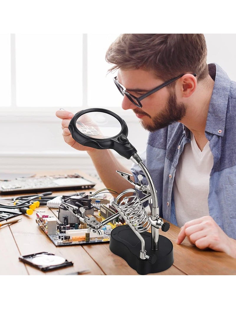 Soldering Magnifying Glass with LED Lamp Helping Hands Magnifier Holding Devices Clamp and Alligator Clips, Assembly, Repair, Modeling, Crafts 3.5X 12X