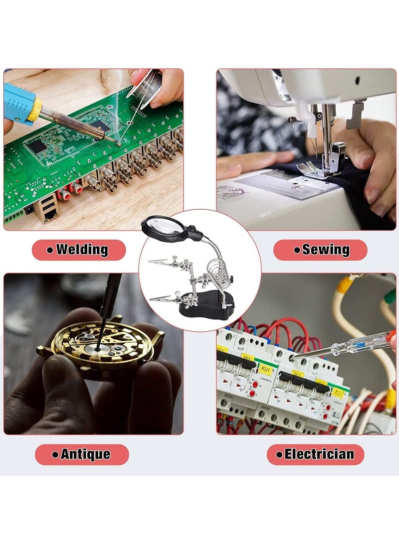 Soldering Magnifying Glass with LED Lamp Helping Hands Magnifier Holding Devices Clamp and Alligator Clips, Assembly, Repair, Modeling, Crafts 3.5X 12X