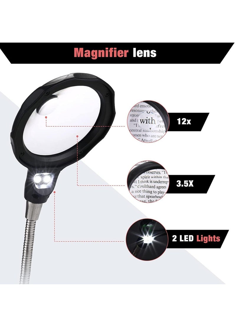 Soldering Magnifying Glass with LED Lamp Helping Hands Magnifier Holding Devices Clamp and Alligator Clips, Assembly, Repair, Modeling, Crafts 3.5X 12X