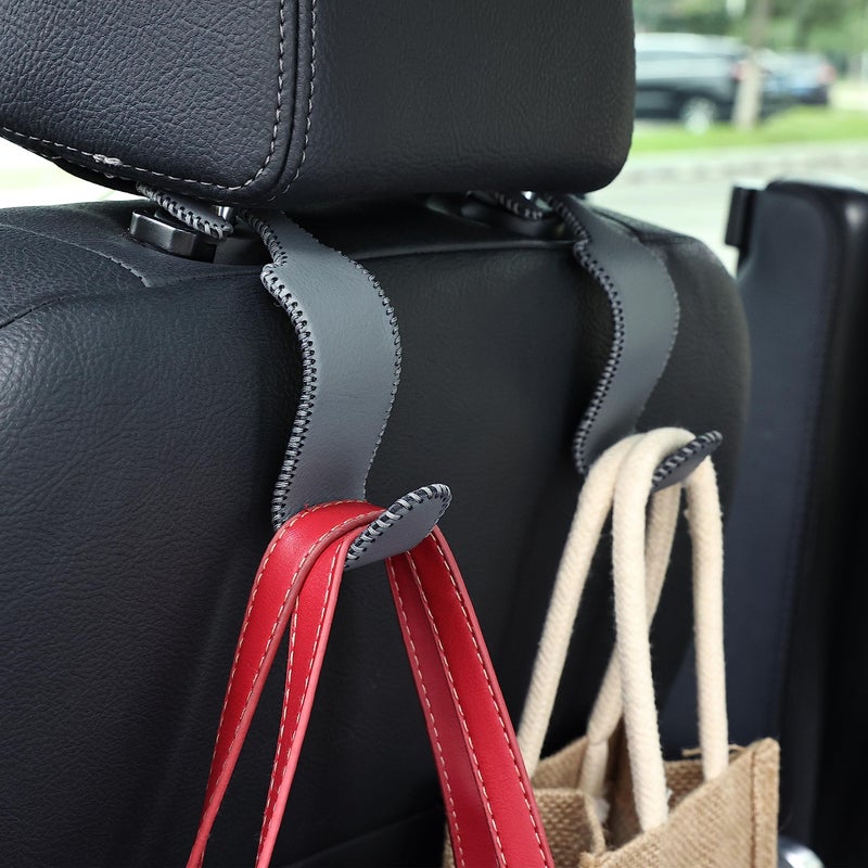 Amooca Car Seat Headrest Hook Universal Vehicle Storage Hanger Leather with Metal Car Seat Back Organizer for Handbag Purse Coat Grey 2 Pack - Image 2