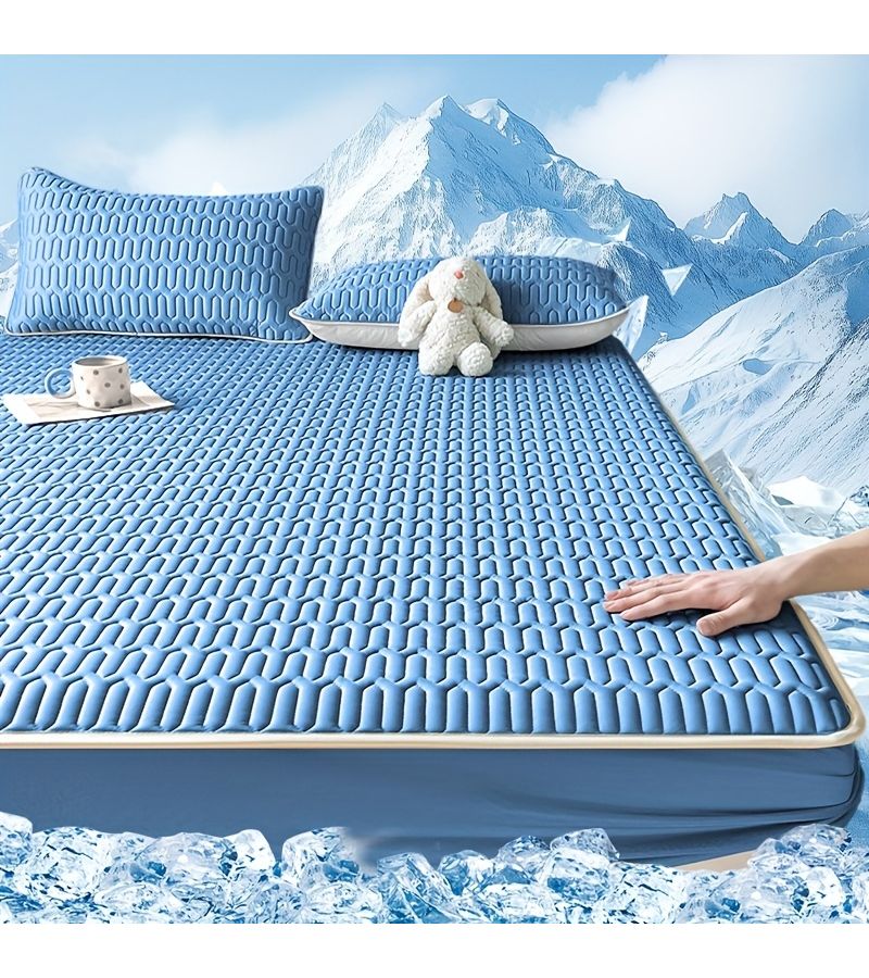 1pc Solid Color Cooling Mat with Fitted Sheet Design Sky Blue 78.74 86.61 Inch Ice Fiber Fabric Feel Effectively Protecting The Mattress Suitable For Mattresses Height Less Than 30 Summer Cool - Image 3