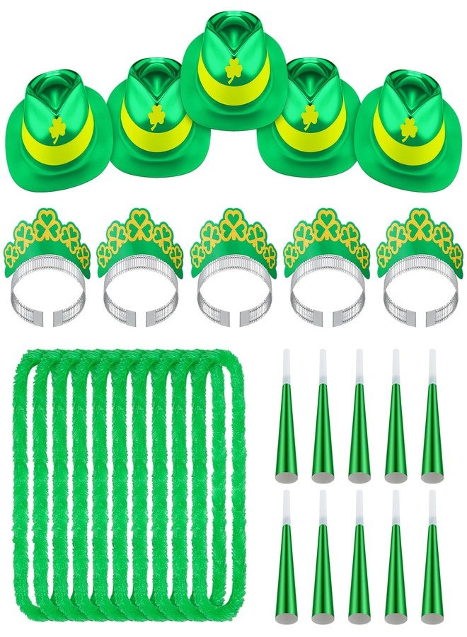 Hotop 30 Pcs St Patricks Day Party Favors Costume Accessories Bulk Include 5 St Patricks Day Top Hats 10 Plastic Necklace Leis 5 Glitter Clover Tiaras Headbands 10 Green Horn for Irish Parade Party Supplies - Image 1