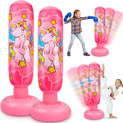 Vinsatin 2 Pcs 47 Kids Punching Bag Girls Stable Inflatable Boxing Bag Unicorn Heavy Punch with Instant Bounce Back Movement Kids Workout Equipment Karate Gifts for Girls Karate Taekwond - Image 1