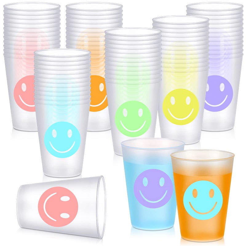 Irenare 72 Pieces 9 OZ Reusable Plastic Smile Pattern Drink Cups Plastic Tumbler Drinking Cups Pastel Cute Plastic Cups for Birthday Picnics Sports Event Wedding Bachelorette Party Decoration