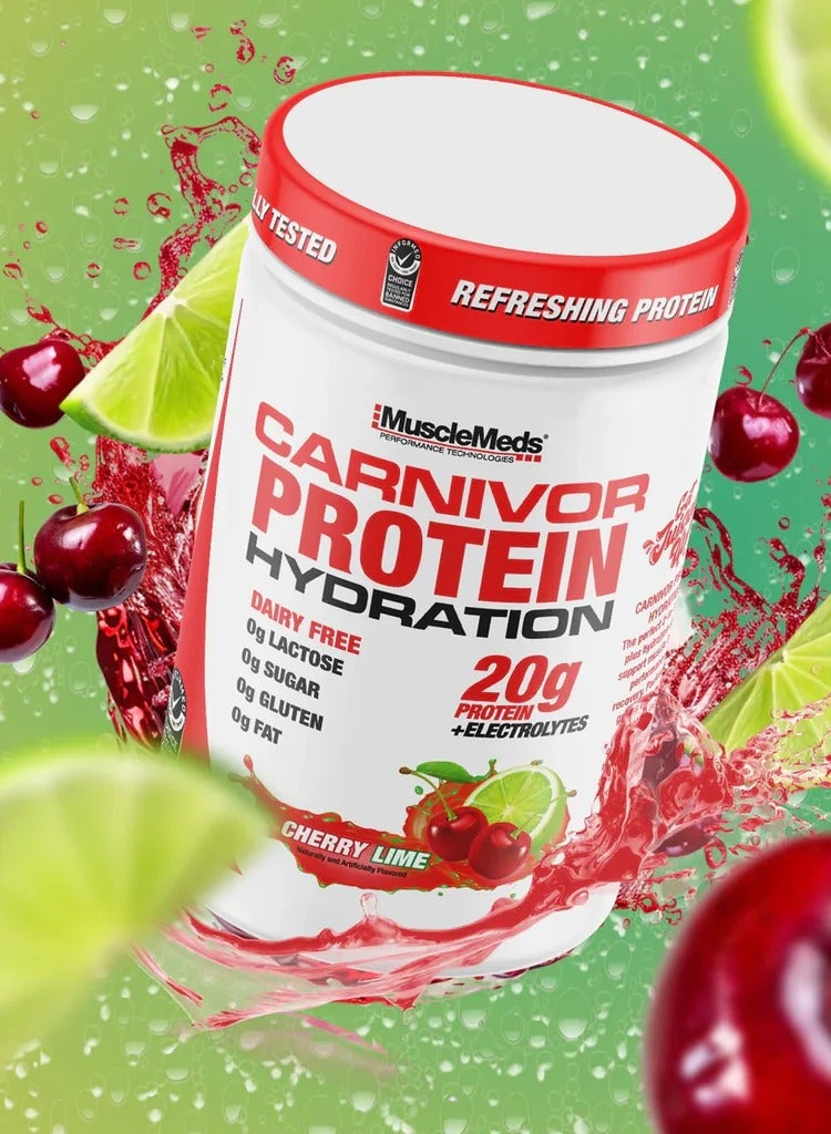 MuscleMeds Carnivor Protein Hydration Drink Powder, 20g Refreshing Protein Isolate, Lactose Free, Sugar Free, Electrolytes, Muscle Building, Recovery, Halal Certified, Cherry Lime, 20 Serve - Image 1