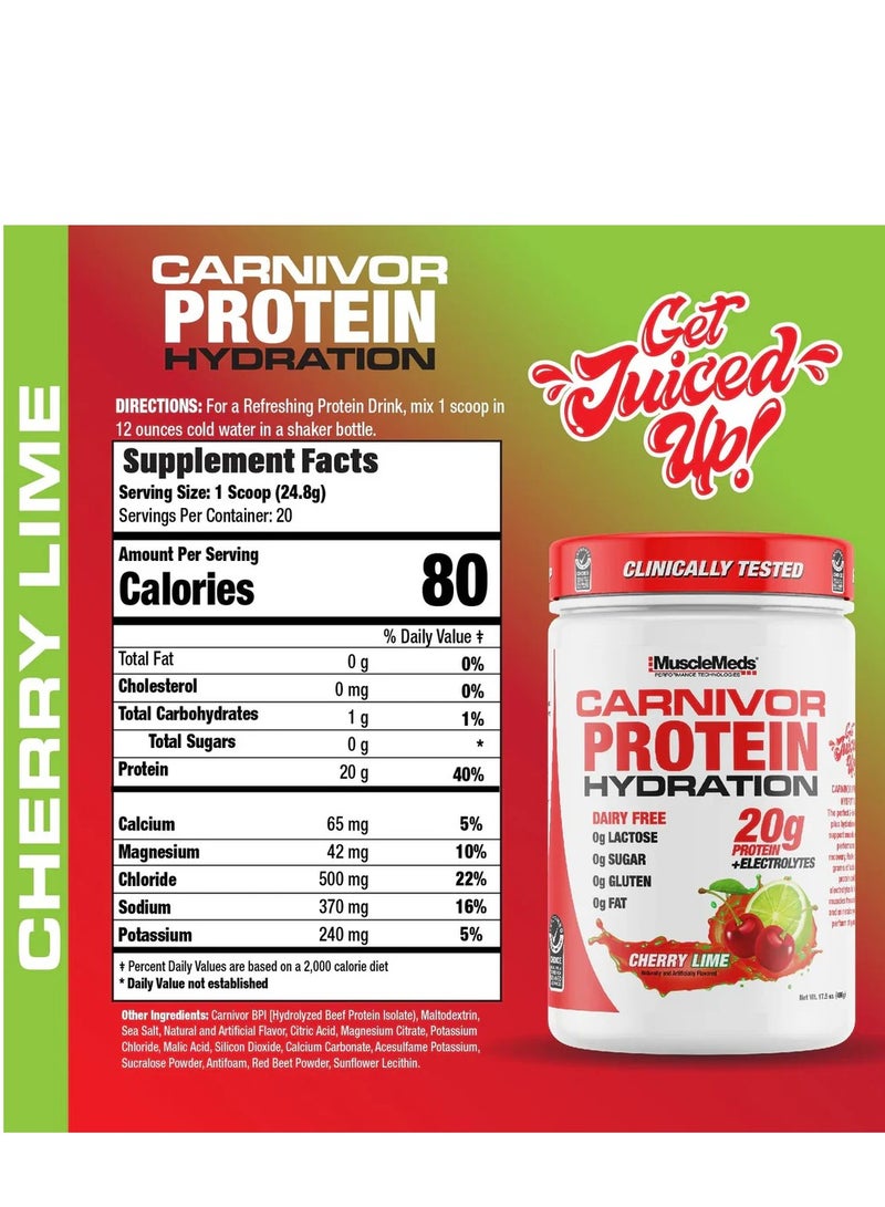 MuscleMeds Carnivor Protein Hydration Drink Powder, 20g Refreshing Protein Isolate, Lactose Free, Sugar Free, Electrolytes, Muscle Building, Recovery, Halal Certified, Cherry Lime, 20 Serve - Image 2