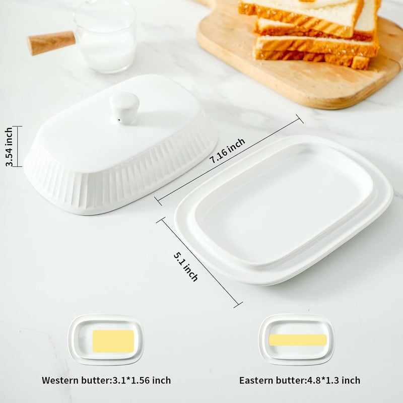 Hasense Hansense Porcelain Butter Dish with Lid for Countertop, Ceramic Butter Keeper with Handle Cover, Butter Holder Container Perfect for East and West Coast Butter, Dishwahser Safe, White - Image 2