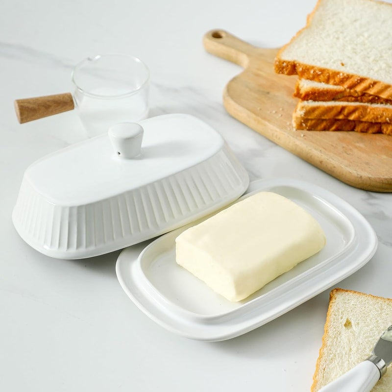 Hasense Hansense Porcelain Butter Dish with Lid for Countertop, Ceramic Butter Keeper with Handle Cover, Butter Holder Container Perfect for East and West Coast Butter, Dishwahser Safe, White - Image 4