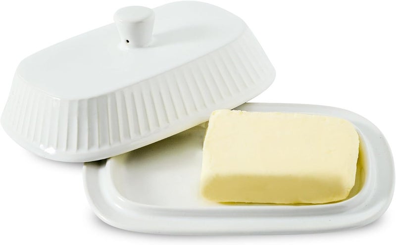 Hasense Hansense Porcelain Butter Dish with Lid for Countertop, Ceramic Butter Keeper with Handle Cover, Butter Holder Container Perfect for East and West Coast Butter, Dishwahser Safe, White - Image 1