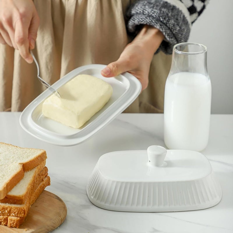 Hasense Hansense Porcelain Butter Dish with Lid for Countertop, Ceramic Butter Keeper with Handle Cover, Butter Holder Container Perfect for East and West Coast Butter, Dishwahser Safe, White - Image 3