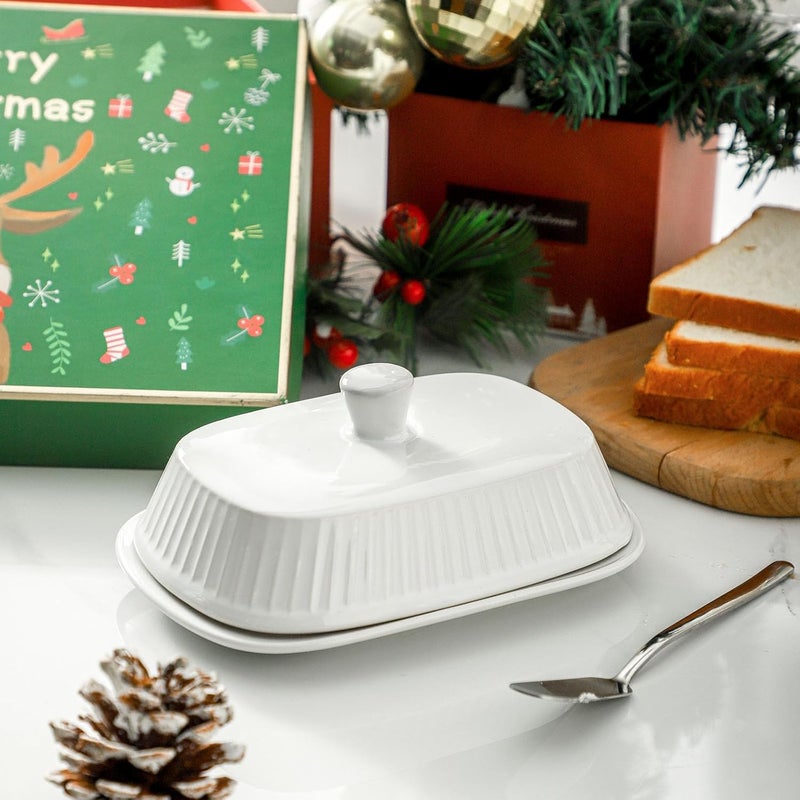 Hasense Hansense Porcelain Butter Dish with Lid for Countertop, Ceramic Butter Keeper with Handle Cover, Butter Holder Container Perfect for East and West Coast Butter, Dishwahser Safe, White - Image 5