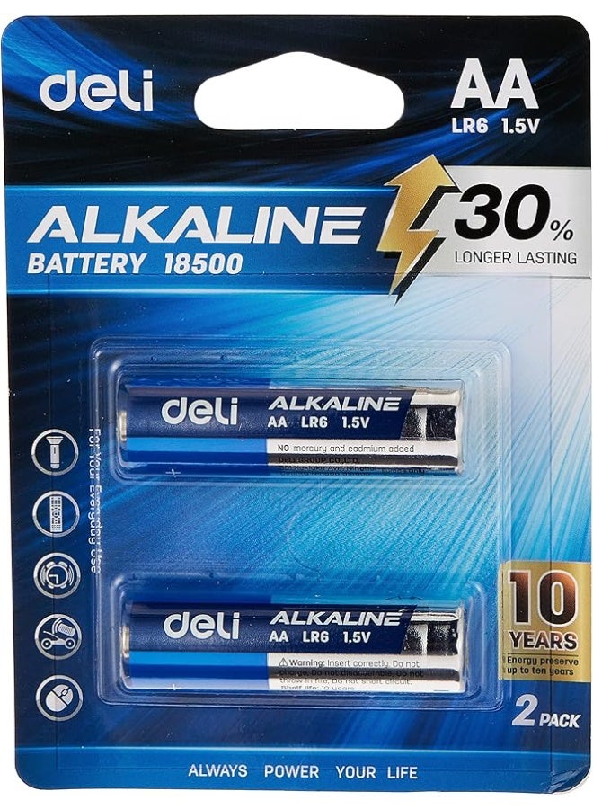 Deli Alkaline Batteries – 2-Pack, AA LR6 -High Power, Leak-Proof Design, Long Shelf Life up to 10 Years, E18500 – Blue/Silver - Image 1