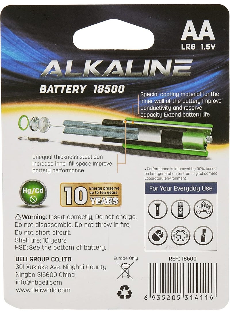 Deli Alkaline Batteries – 2-Pack, AA LR6 -High Power, Leak-Proof Design, Long Shelf Life up to 10 Years, E18500 – Blue/Silver - Image 4