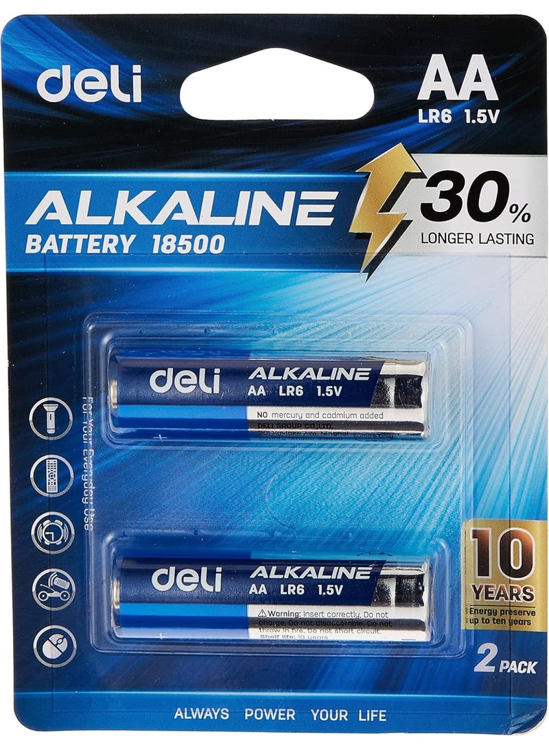 Deli Alkaline Batteries – 2-Pack, AA LR6 -High Power, Leak-Proof Design, Long Shelf Life up to 10 Years, E18500 – Blue/Silver - Image 5