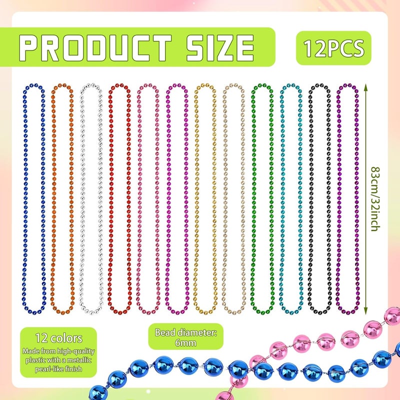 Weoxpr Faux Pearl Bead Necklaces Bulk,Mardi Gras Beads Necklace for Kids,32 Inch Faux Pearl Necklaces for Women Wedding Birthday Accessory for Party Decorations (12 Pcs of Multiolor/20 Pcs of White) - Image 2
