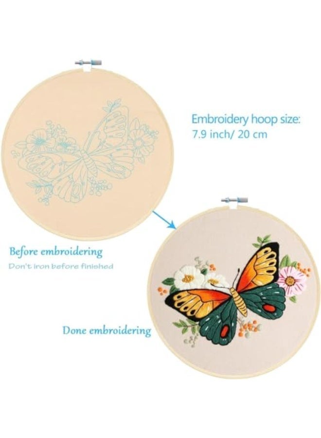 CLENEA 3 Pack Embroidery Starter Kit with Pattern, Flowers Butterfly Stamped Embroidery Kit Including Embroidery Fabrics, Bamboo Hoops, Threads Needles, Hobbies for Women (Green Yellow Purple) - Image 3