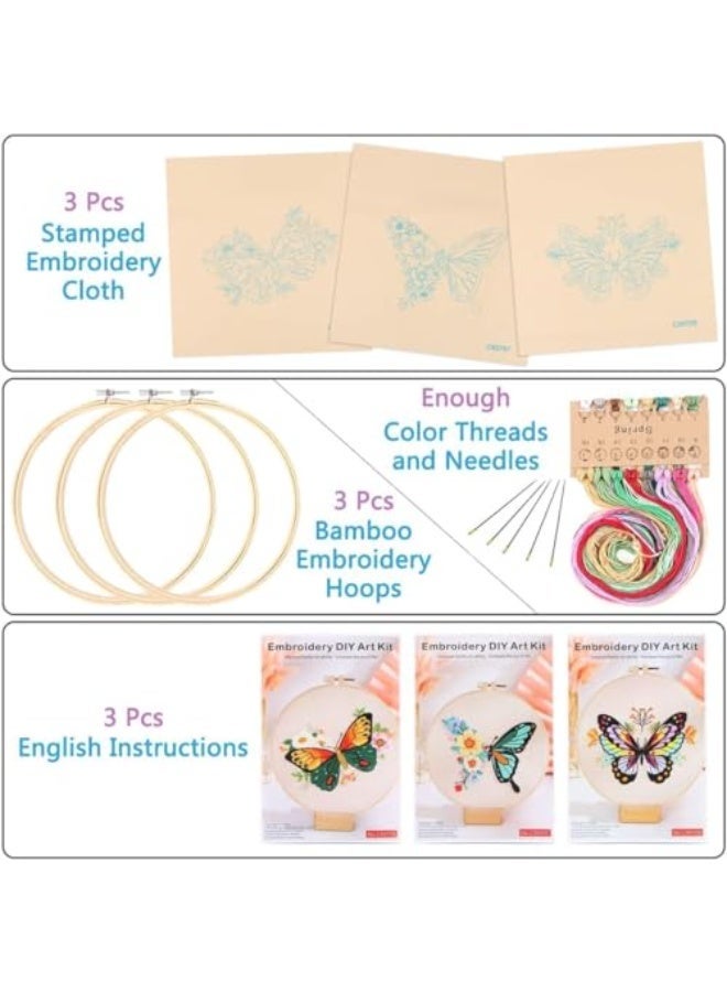 CLENEA 3 Pack Embroidery Starter Kit with Pattern, Flowers Butterfly Stamped Embroidery Kit Including Embroidery Fabrics, Bamboo Hoops, Threads Needles, Hobbies for Women (Green Yellow Purple) - Image 2
