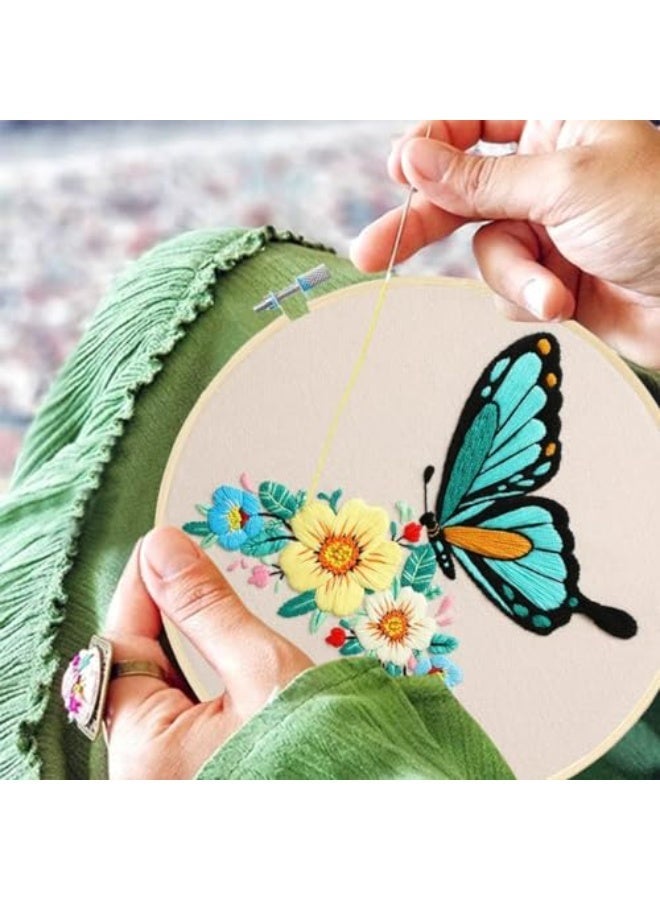 CLENEA 3 Pack Embroidery Starter Kit with Pattern, Flowers Butterfly Stamped Embroidery Kit Including Embroidery Fabrics, Bamboo Hoops, Threads Needles, Hobbies for Women (Green Yellow Purple) - Image 5