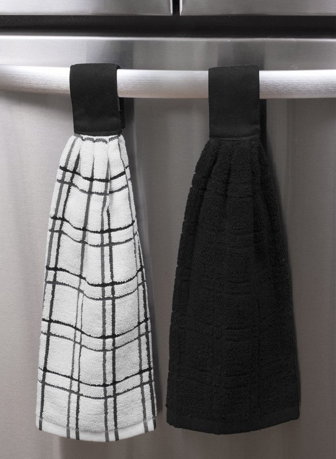 Ritz Premium 100% Cotton Solid and Multi Check Kitchen Tie Towel, Absorbent, Super Soft, and Fast Drying Hang Towel, Set of Two, Black - Image 2