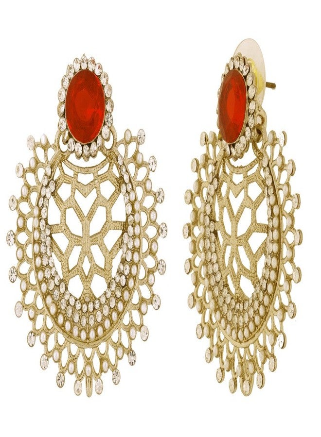 Zivom® Chaand Bali Filigree American Diamond Pearl Rhodium Red Stud Earring For Women - Image 3