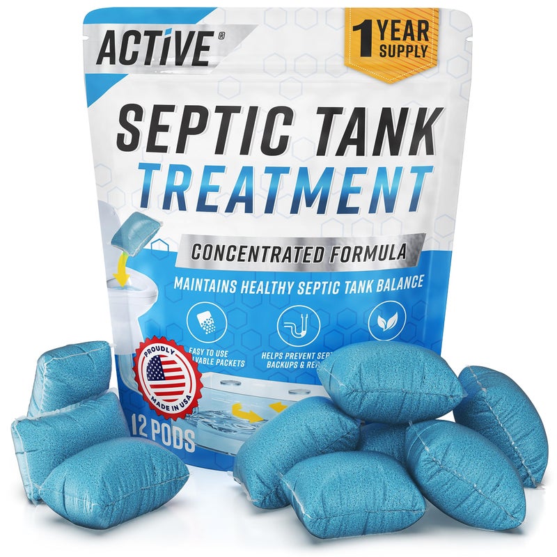 Active Septic Tank System Treatment Pods - 12 Dissolving Packets | Enzyme-Producing Live Bacteria Solution | 1 Year Supply Professional Eco-Friendly Maintenance | Prevent Clogs, Odor & Backups | Made in USA - Image 1