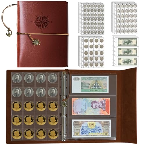 GoShambar Coin Collection Book Holder for Collectors,428 Pockets Coin Collection Supplies & 12 Sleeves Paper Money Currency Album, Display Storage Case for All Coins (Brown) - Image 1