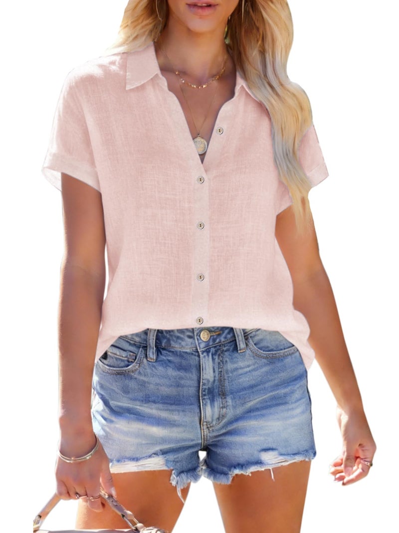 Aoudery Linen Shirts for Women Short Sleeve Button Down Shirts Casual Solid Blouse Vacation Beach Summer Tops Concert Outfit - Pink M - Image 1