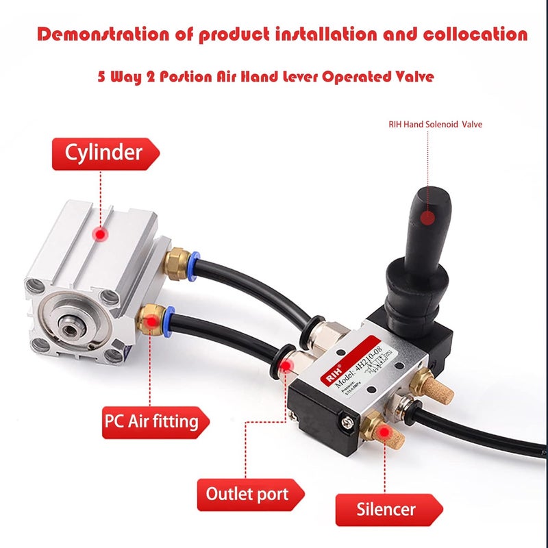 RH صمام هوائي يعمل بواسطة رافعة يد 5 طرق و 2 وضعية صمام كهربائي هوائي تحكم يدوي صمامات دفع وسحب 4H210-08 (1/4"NPT) - Image 3