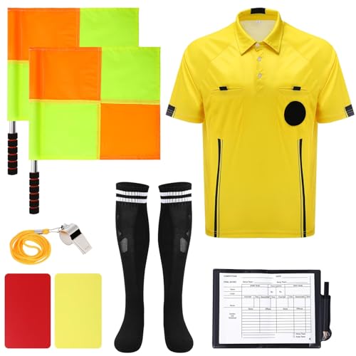 ZhouBoat Soccer Referee Kit 6 Pcs Soccer Referee Shirt Jersey Umpire Uniform Football Linesman Flags Whistle Soccer Socks Referee Notebook Soccer Referee Costume for Adult Teenager Yellow Medium - Image 1