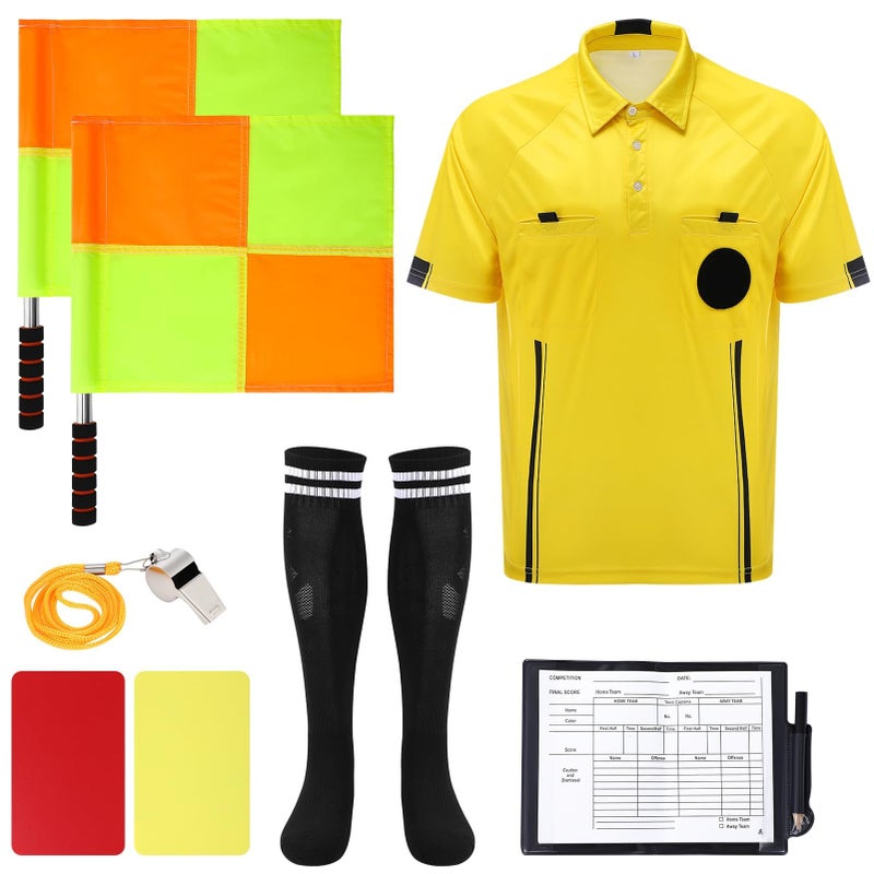 ZhouBoat Soccer Referee Kit 6 Pcs Soccer Referee Shirt Jersey Umpire Uniform Football Linesman Flags Whistle Soccer Socks Referee Notebook Soccer Referee Costume for Adult Teenager Yellow Medium - Image 2