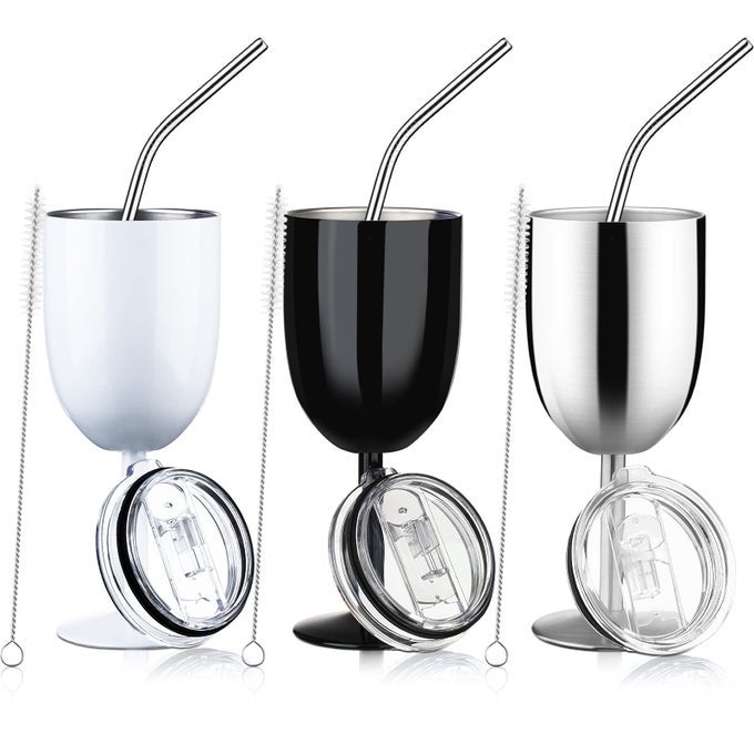 3 PCS STEMMED STAINLESS STEEL WINE GLASSES WITH LID DOUBLE WALL INSULATED WINE TUMBLER WITH DRINKING STRAW AND STRAW BRUSH 10 OZ CUPS FOR CHRISTMAS GIFTSBLACK WHITE SILVER3 PIECES