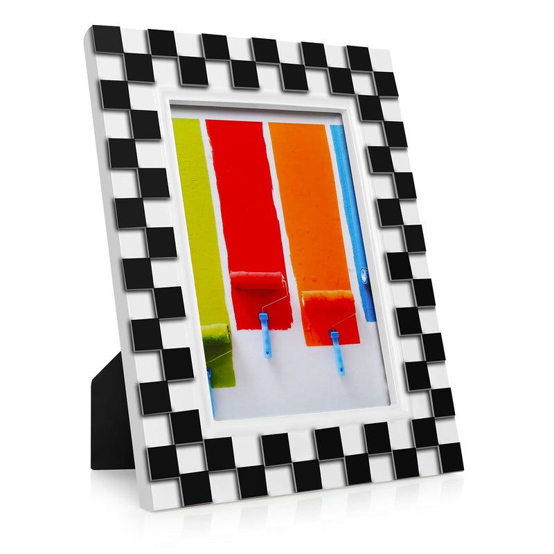 FJXMFRAME Black and White Picture Frames 5x7 Checkered Picture Frame Fun Unique Checkered Home Decor Room for Tabletop or Wall Hanging Resin