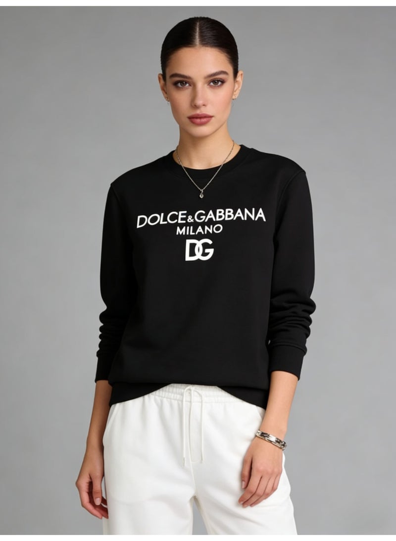 D&G Black Round Neck Sweatshirt - White Logo Print, High Quality Blended Cotton, Loose Fit, Suitable for Daily and Street Style Luxury Casual Top - Image 2
