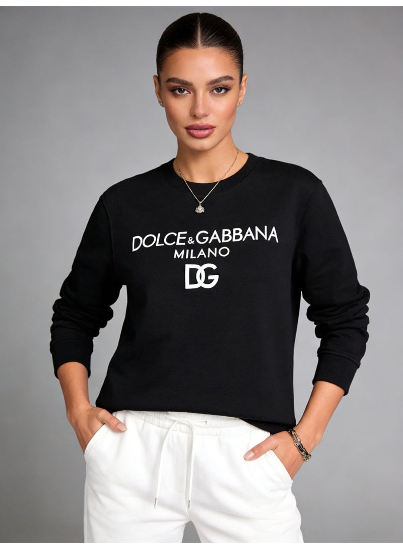 D&G Black Round Neck Sweatshirt - White Logo Print, High Quality Blended Cotton, Loose Fit, Suitable for Daily and Street Style Luxury Casual Top - Image 1