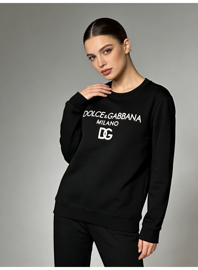D&G Black Round Neck Sweatshirt - White Logo Print, High Quality Blended Cotton, Loose Fit, Suitable for Daily and Street Style Luxury Casual Top - Image 3