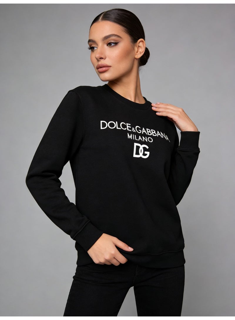 D&G Black Round Neck Sweatshirt - White Logo Print, High Quality Blended Cotton, Loose Fit, Suitable for Daily and Street Style Luxury Casual Top - Image 4