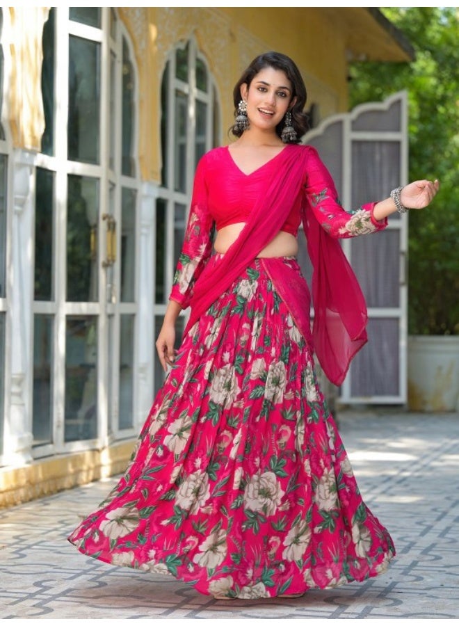 AKS Magenta Floral Print Chinnon Lehenga Choli  - Image 1