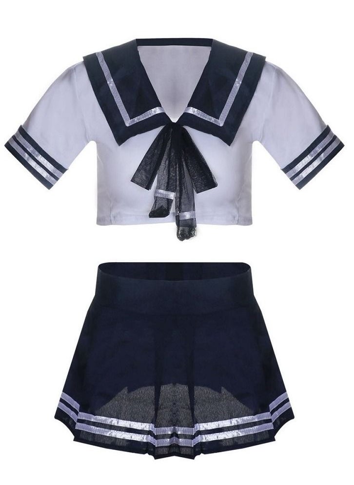 Generic - School Girls Short Sleeve Uniform Sailor Navy Blue Pleated Skirt Anime Cosplay Costumes With Thong. - Image 1